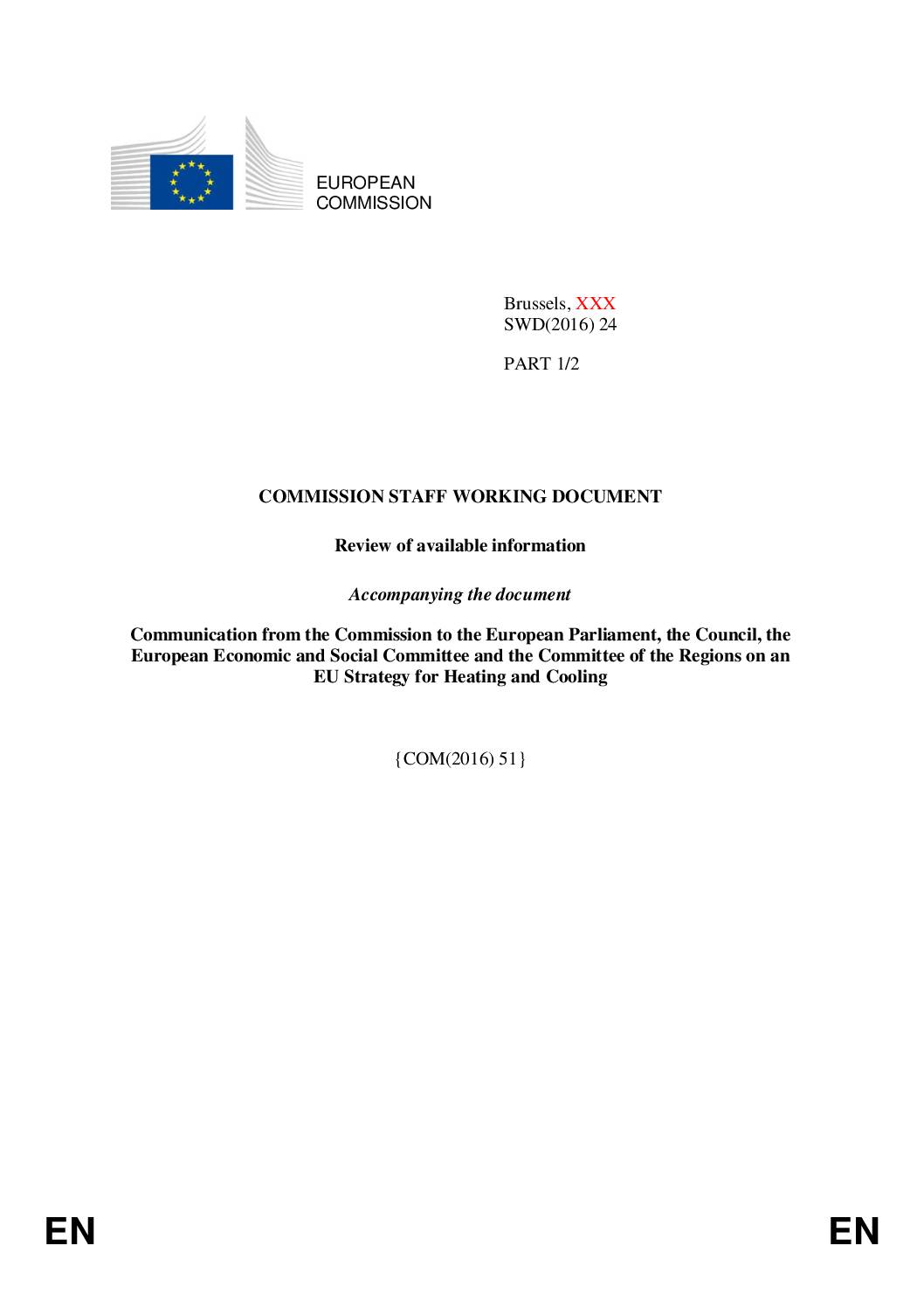 An EU Strategy on Heating and Cooling – Staff Working Document (Part 1)