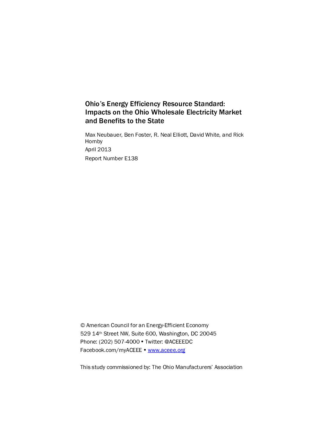 Ohio’s Energy Efficiency Resource Standard: Impacts on the Ohio Wholesale Electricity Market and Benefits to the State