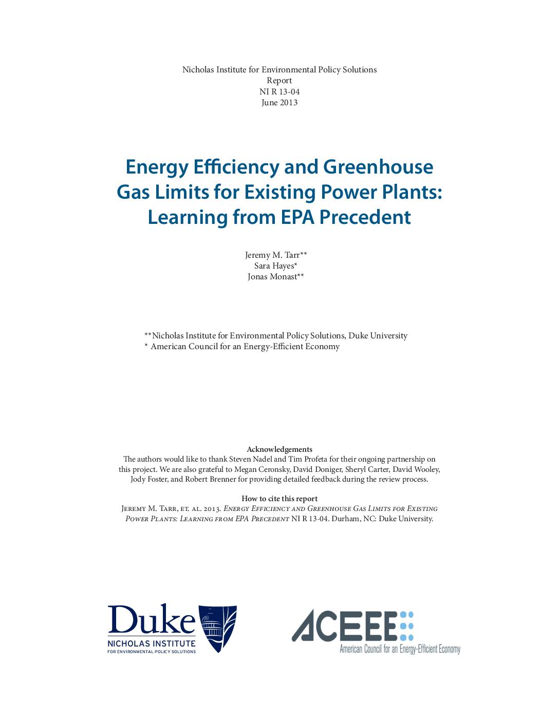 Energy Efficiency and Greenhouse Gas Limits for Existing Power Plants: Learning from EPA Precedent