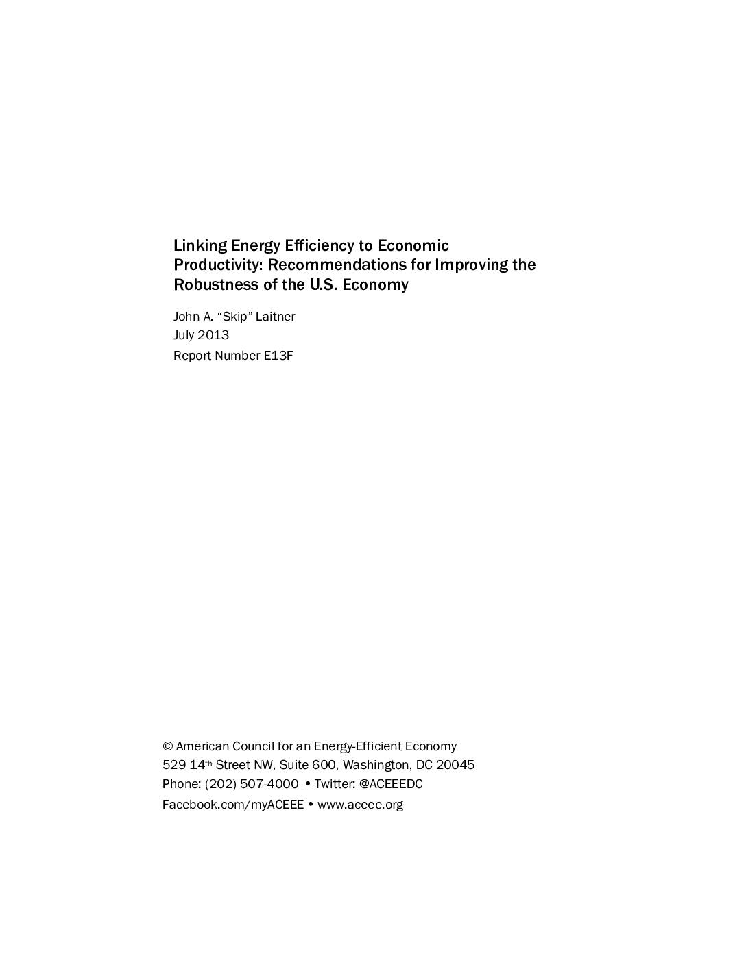 Linking Energy Efficiency to Economic Productivity: Recommendations for Improving the Robustness of the U.S. Economy
