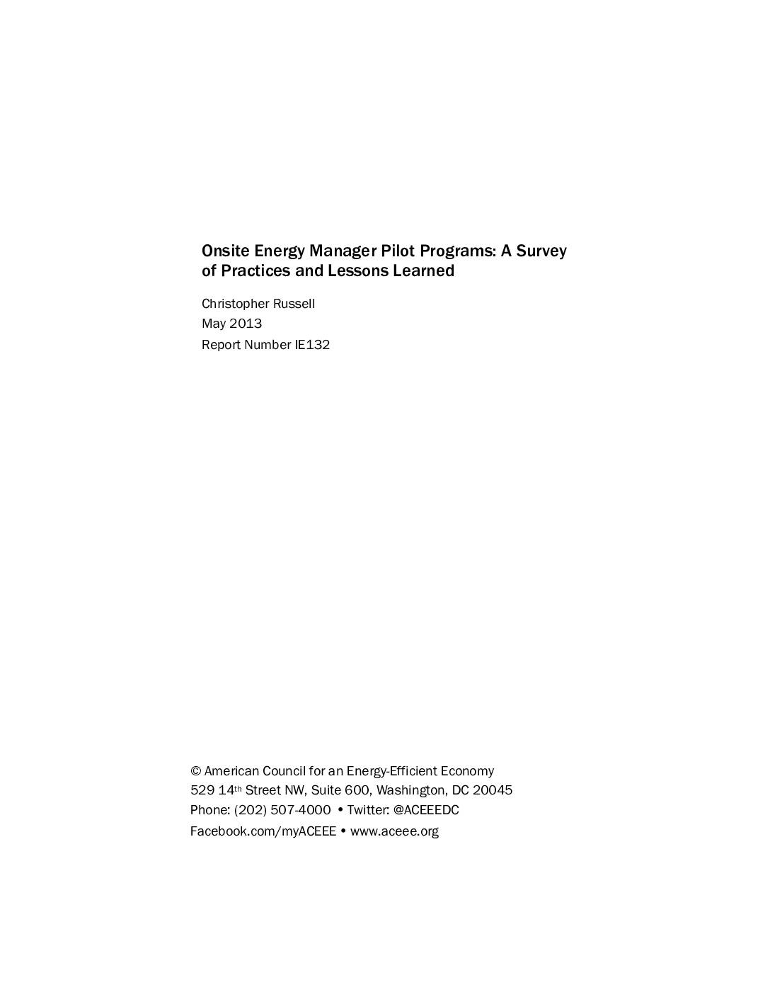 Onsite Energy Manager Pilot Programs: A Survey of Practices and Lessons Learned